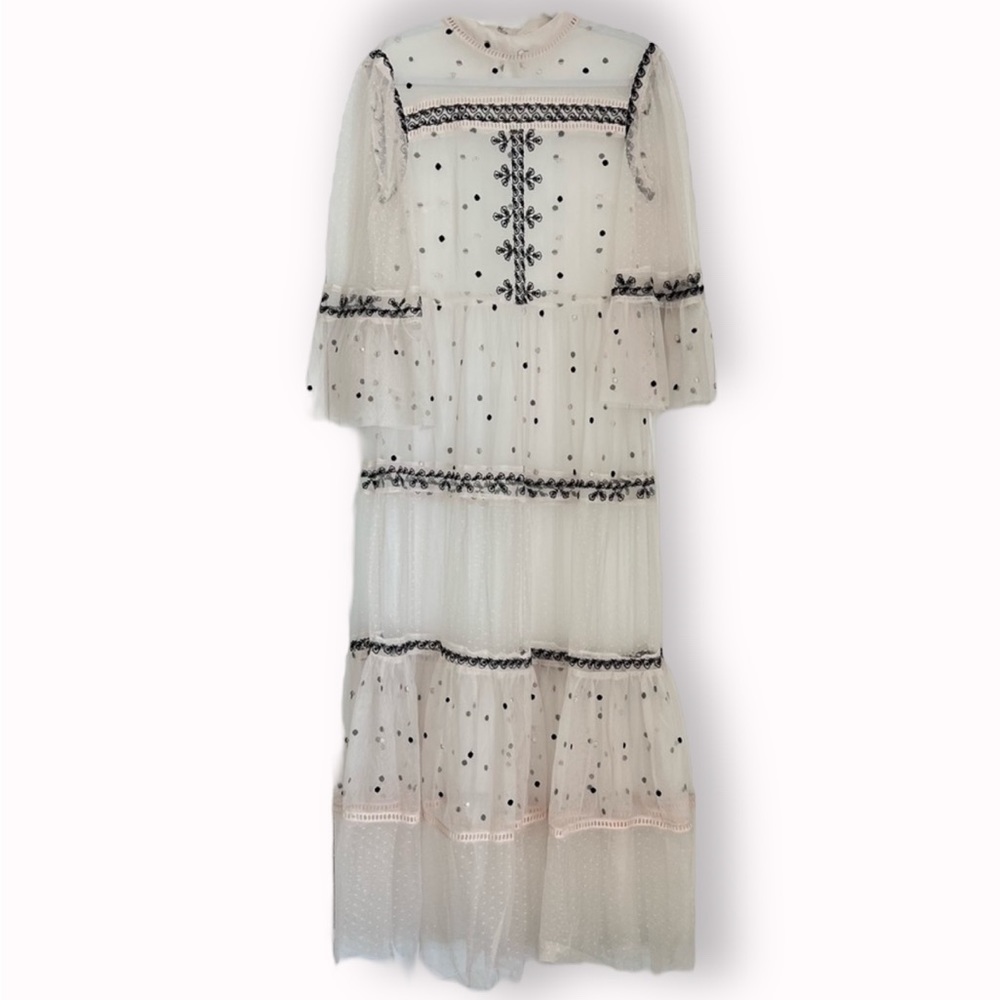 Ruffle Sheer Lace Pink Dotted Swiss Tulle Tiered Midi Dress